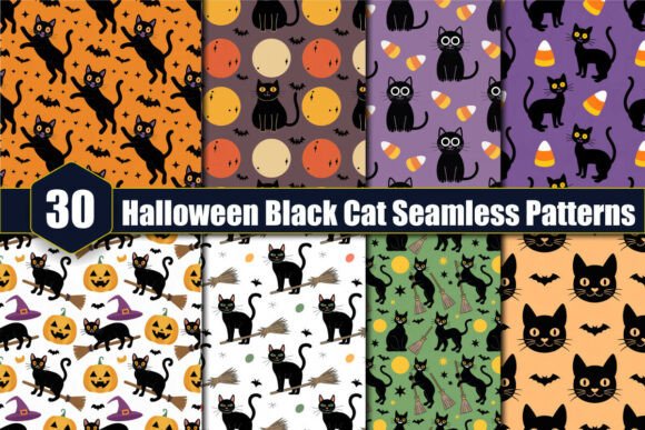 30 Halloween Black Cat Seamless Patterns