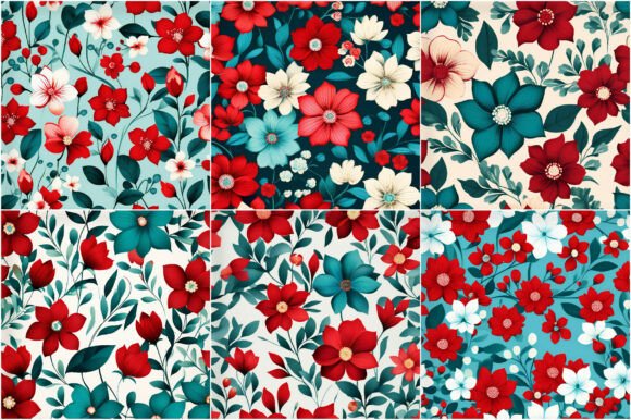 Red Teal Flowers Patterns